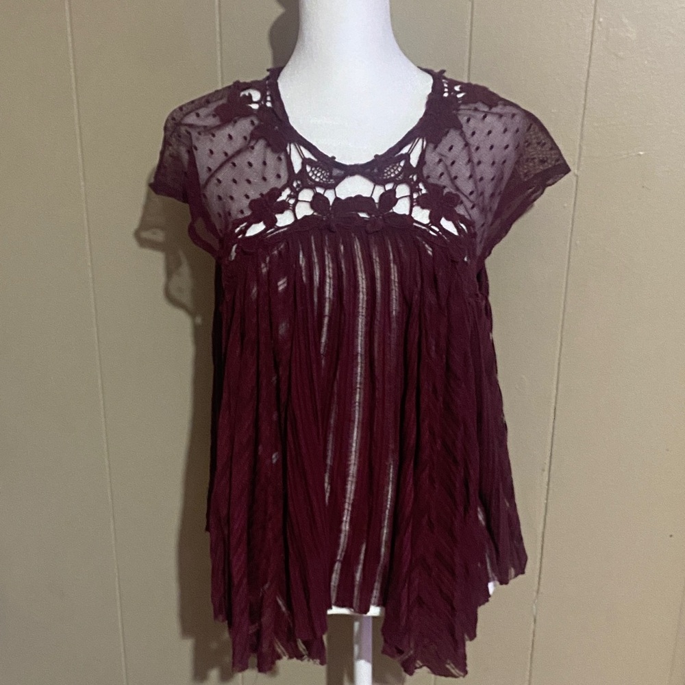 Free People Elegant Burgundy Lace Women Top